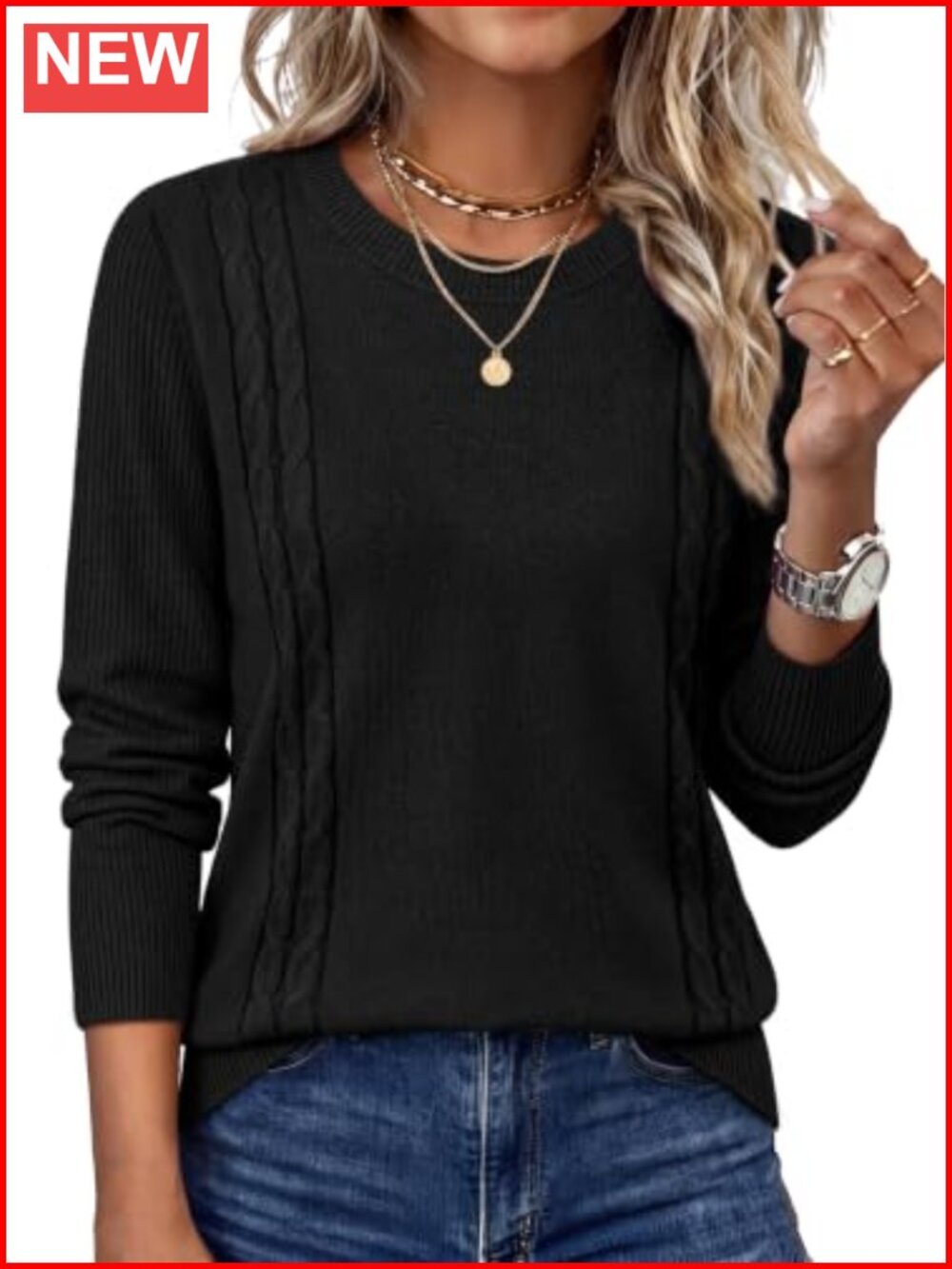 Cable Knit Sweater Women Crewneck Ribbed Pullover Long Sleeve Fall Winter